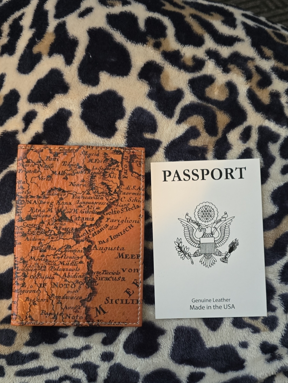 Genuine Leather Map-Print Passport Cover in Tan and Blackmade In USA